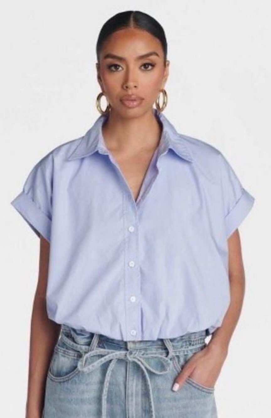 KBB by Kahlana V Light Blue Short Sleeve Bubble Hem Button-Up Shirt